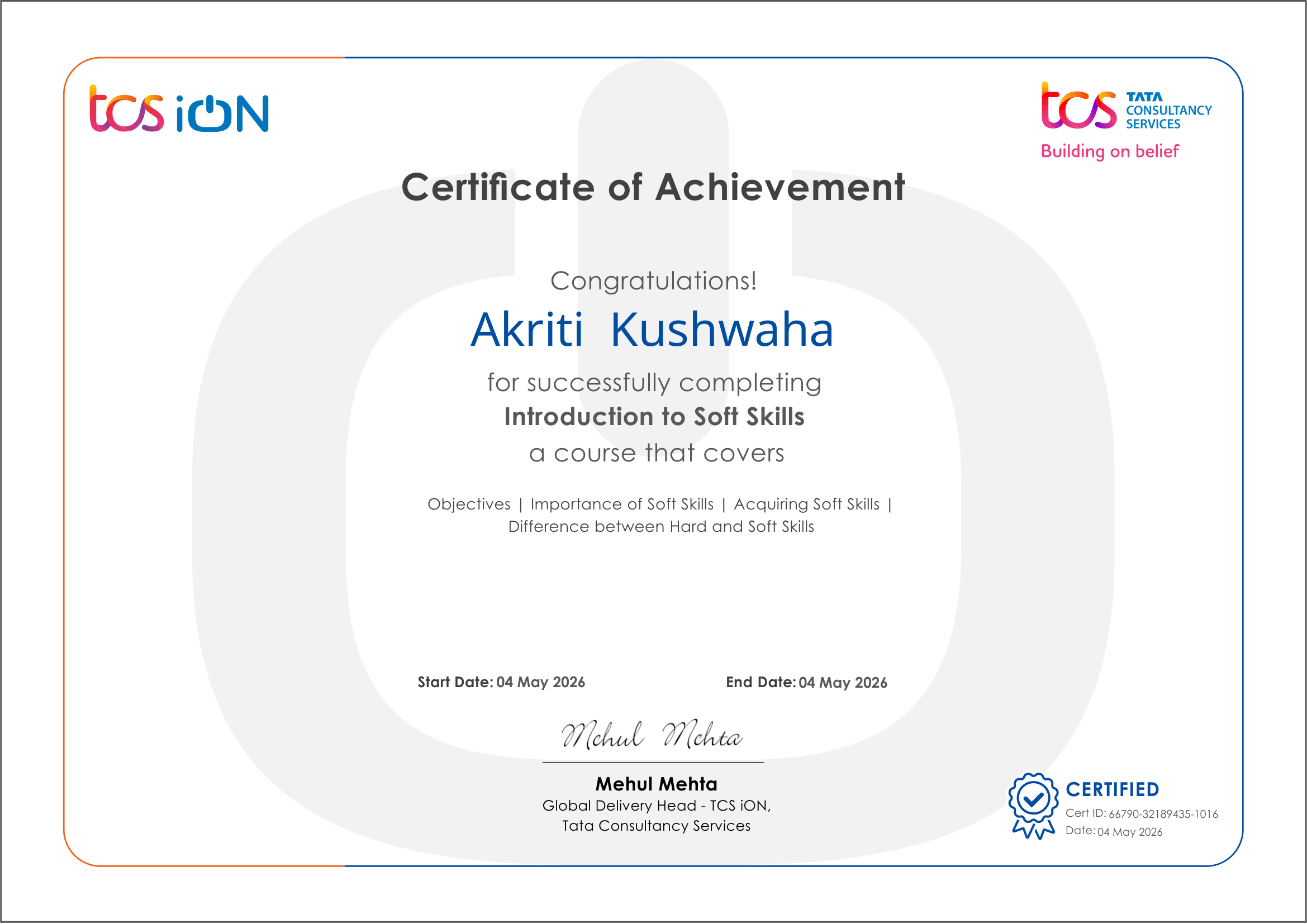 TCS iON Introduction to Soft Skills certificate